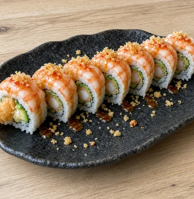 Double Prawn roll topped with cooked shrimp, sweet chili sauce and crispy tempura crumbs