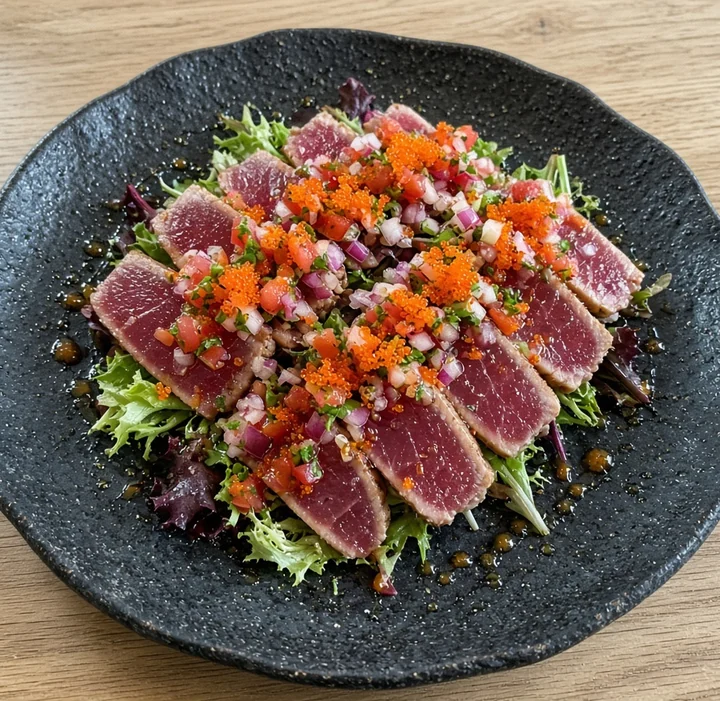Truffle Tuna Tataki: seared yellowfin tuna over mixed greens with pico de gallo and tobiko